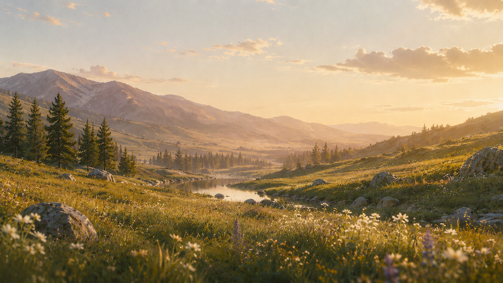 Soft late-afternoon meadow with white flowers and a winding stream